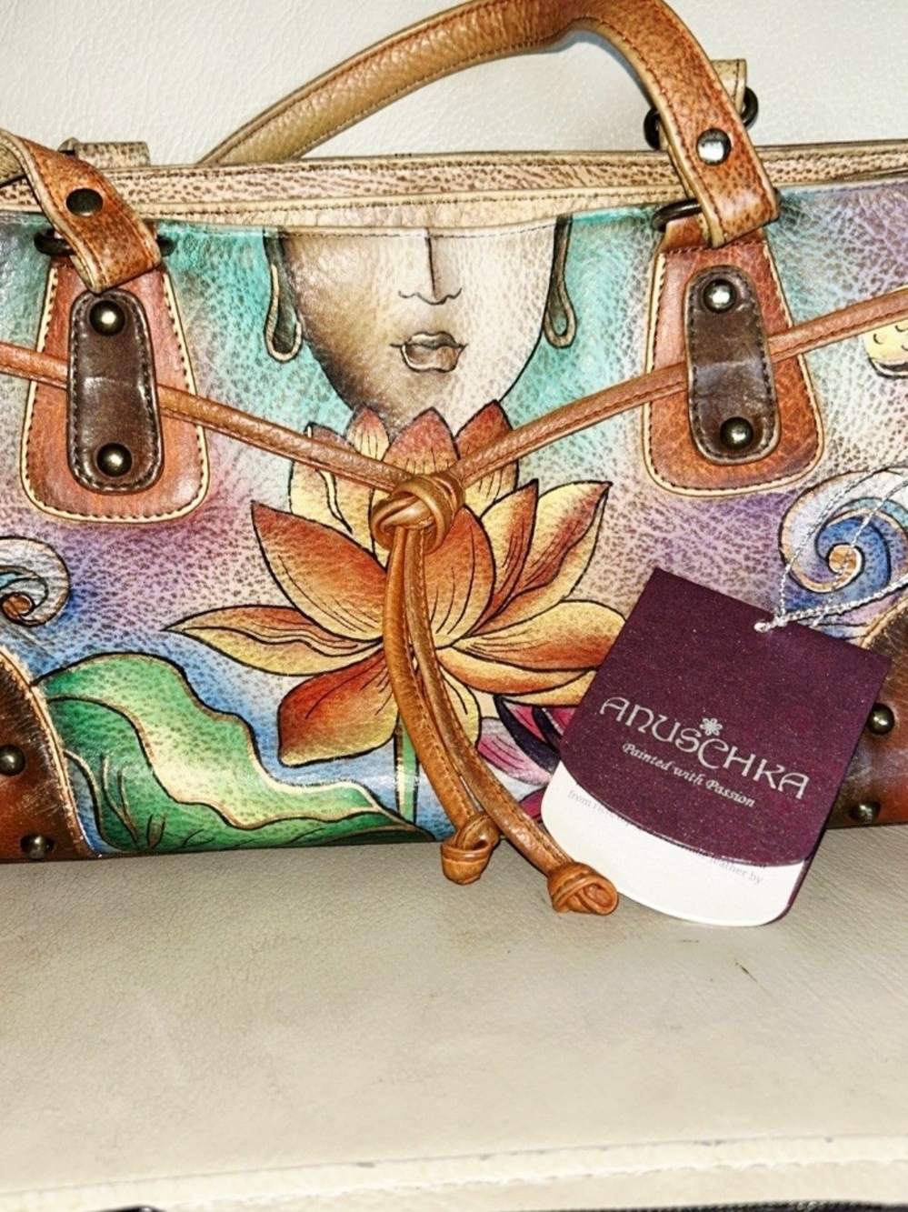 Anuschka Hand-Painted Floral Leather Satchel - Tan, Orange, Green, Blue, Purple